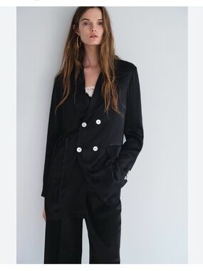 Zara Black Satin Double-Breasted Blazer with White Buttons